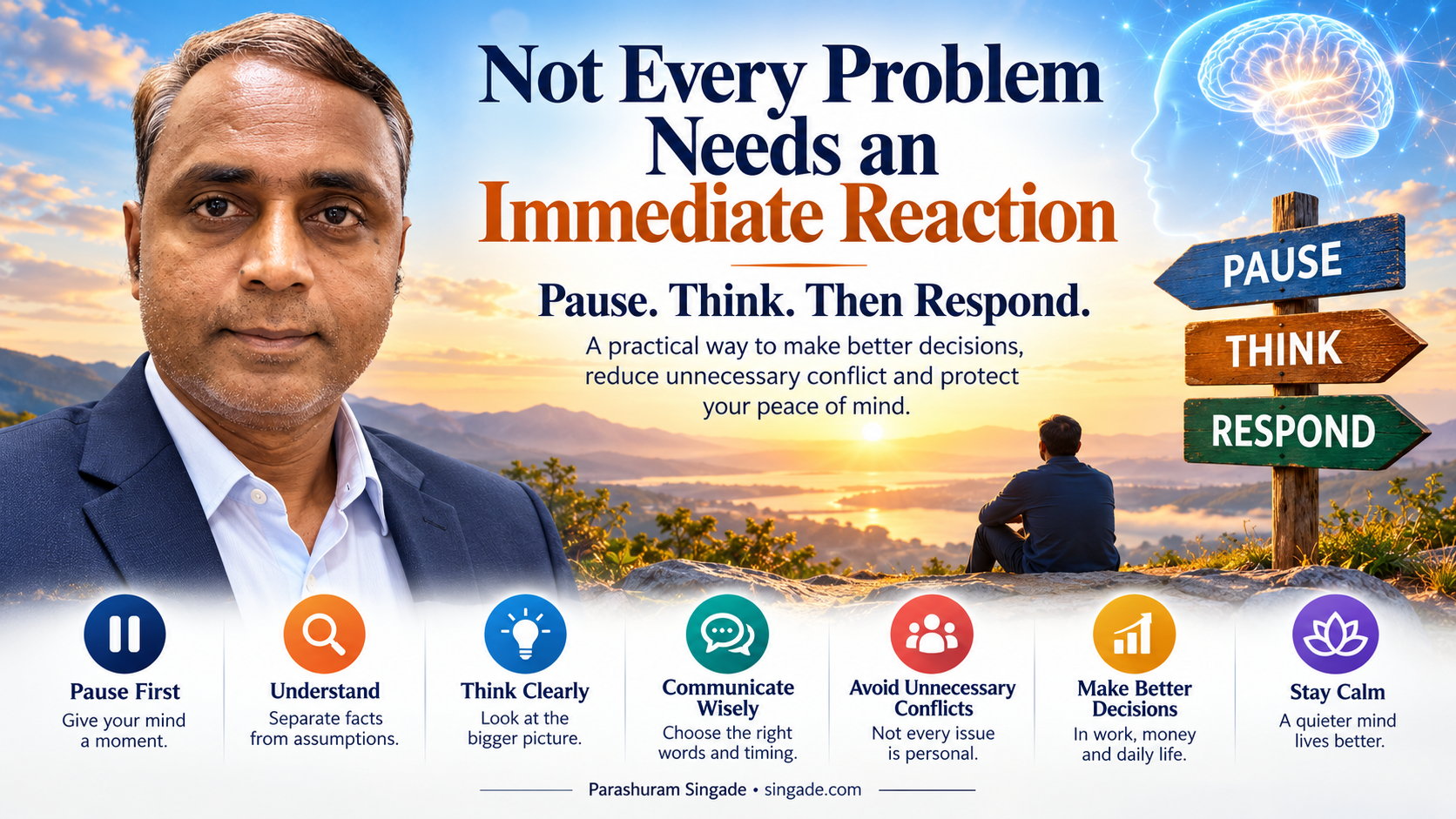 Person calmly thinking before reacting to a stressful situation