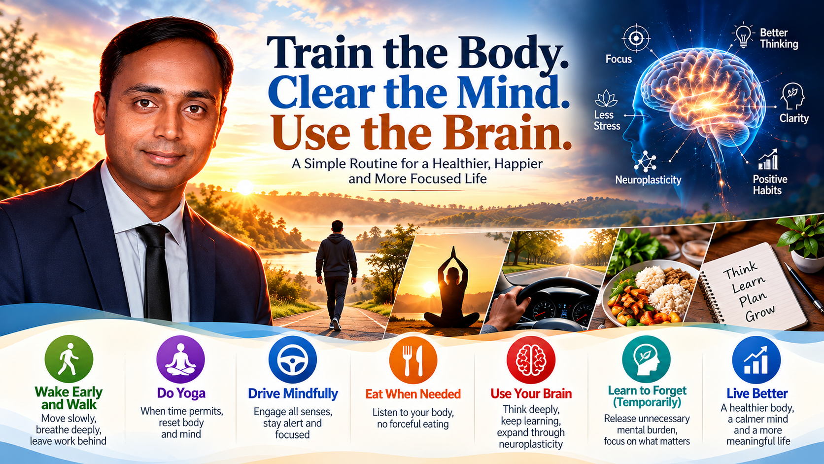 Morning walking, yoga and mindful living for physical health and mental clarity